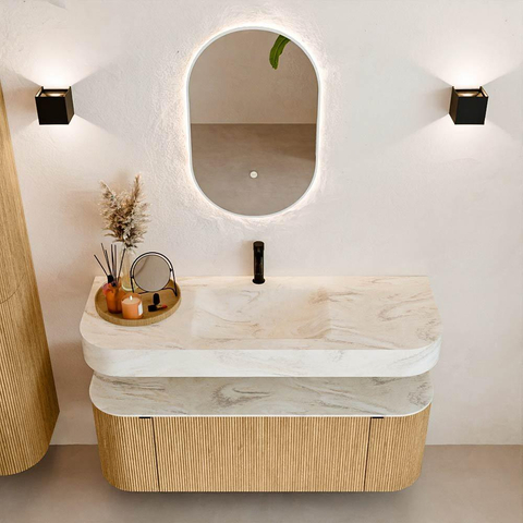 MONDIAZ THOR-DLUX 130cm badmeubel ronding links + rechts kleur Oak met 1 lade en 2 deuren. Vrijhangende wastafel CLOUD Midden 1 kraangat kleur Ostra. SW1463541