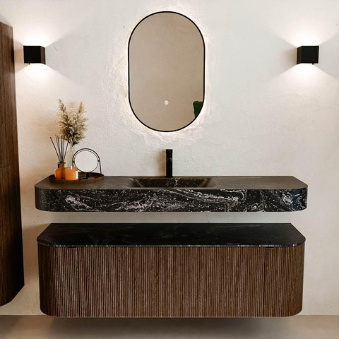 MONDIAZ THOR-DLUX 150cm badmeubel ronding links + rechts kleur Walnut met 1 lade en 2 deuren. Vrijhangende wastafel CLOUD Midden 1 kraangat kleur Lava. SW1464647