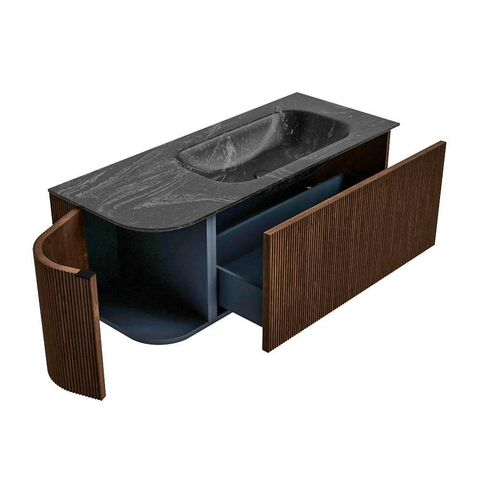 MONDIAZ KURVE-DLUX Meuble de salle de bains 115 cm avec module 25 L couleur Walnut avec 1 tiroir et 1 porte. Lavabo BIG SMALL à droite sans trou de robinet couleur Lava. SW1137216