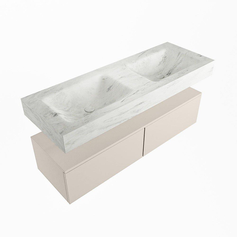 Mondiaz ALAN-DLUX Ensemble de meuble - 130cm - meuble Linen mat - 2 tiroirs - Lavabo Cloud Opalo suspendu - vasque Gauche et droite - 2 trous de robinet SW806519