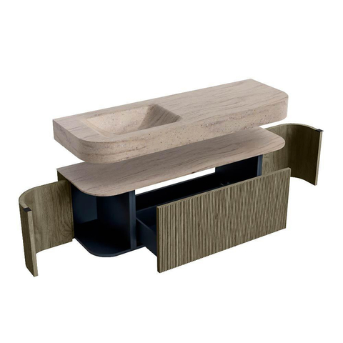 MONDIAZ THOR-DLUX 140cm badmeubel ronding links + rechts kleur Shadow met 1 lade en 2 deuren. Vrijhangende wastafel CLOUD Links zonder kraangat kleur Saba. SW1464337