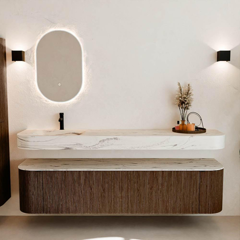MONDIAZ THOR-DLUX Meuble de salle de bains - 190cm - arrondi gauche + droite - couleur Walnut - 2 tiroirs et 2 portes - Vasque suspendue CLOUD Gauche 1 trou de robinet - couleur Nata SW1466773
