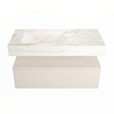 Mondiaz ALAN-DLUX Ensemble de meuble - 100cm - meuble Linen mat - 1 tiroir - Lavabo Cloud Frappe suspendu - vasque Gauche - 1 trou de robinet SW805545