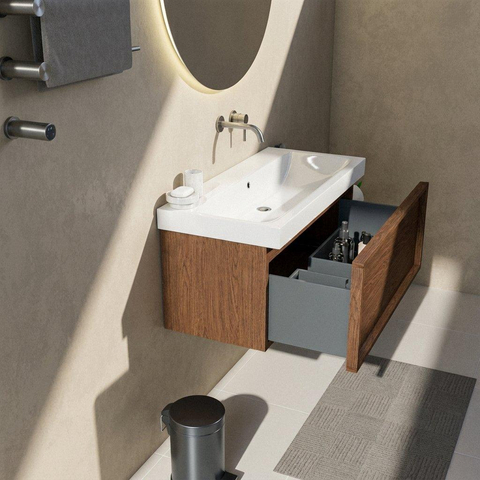 Saniclass Holz Frame Badkamermeubelset - 100x45x47.5cm - Wave keramische wastafel - 1 wasbak - zonder kraangat - 1 lade - mat walnut pure (hout) SW1479037