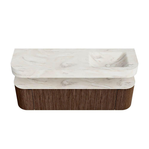 MONDIAZ THOR-DLUX 160cm badmeubel ronding links + rechts kleur Walnut met 1 lade en 2 deuren. Vrijhangende wastafel CLOUD Rechts zonder kraangat kleur Ostra. SW1465075