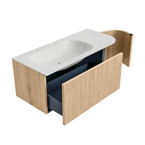 MONDIAZ KURVE-DLUX Meuble de salle de bains 105 cm avec module 25 R couleur Oak avec 1 tiroir et 1 porte. Lavabo BIG SMALL gauche 1 trou de robinet couleur Opalo. SW1137557