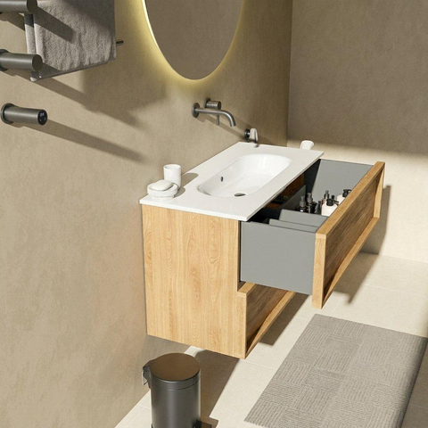 Saniclass Holz Frame Ensemble meuble de salle de bains - 100x45x73.9cm - lavabo Chaci en céramique blanc - 1 vasque - sans trou de robinetterie - 2 tiroirs - chêne natural mat (bois) SW1580002