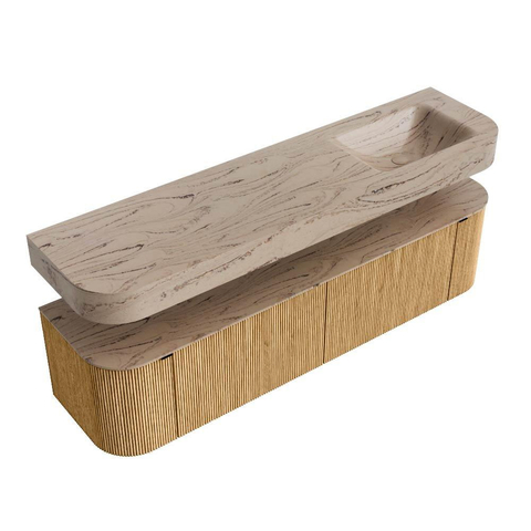MONDIAZ THOR-DLUX 180cm badmeubel ronding links + rechts kleur Oak met 2 lades en 2 deuren. Vrijhangende wastafel CLOUD Rechts zonder kraangat kleur Arena. SW1466109