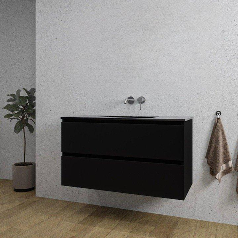 Saniclass Chaci Meuble de salle de bain - 100x45x55cm - lavabo en céramique noir mat - 1 vasque - sans trou de robinet - 2 tiroirs - noir mat SW809385