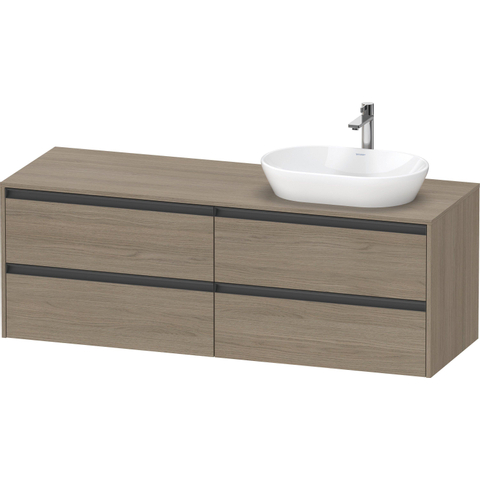 Duravit Ketho.2 Wastafelonderbouwkast - inclusief consoleplaat - met 4 laden - voor waskom rechts - 160x55x56.8cm - met handgrepen antraciet - eiken terra mat SW772376
