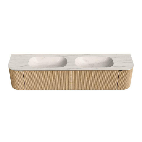 MONDIAZ KURVE-DLUX Meuble de salle de bains 200cm arrondi Gauche + Droite couleur Chêne avec 2 tiroirs et 2 portes. Lavabo STOR SMALL Double 2 trous de robinet Meli. SW1431666