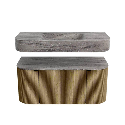 MONDIAZ THOR-DLUX 100cm meuble de salle de bains arrondi gauche + droite couleur Dusk avec 1 tiroir et 2 portes. Vasque suspendue CLOUD Milieu sans trou de robinet couleur Oza. SW1467580