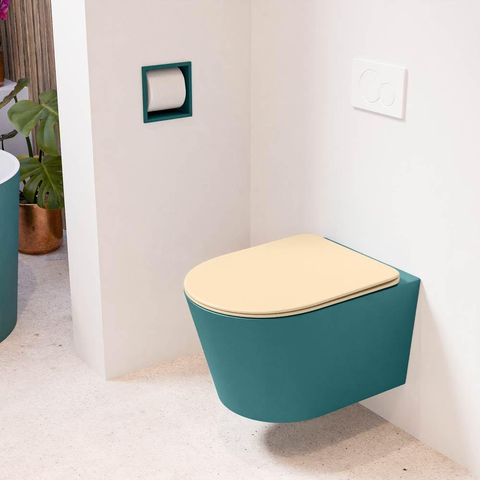 Mondiaz LAVIE hangtoilet – spoelrandloos – 36 x 53 cm – met softclose zitting – Smag (groen), zitting Sand (beige) SW1208776