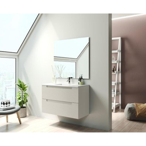 Saniclass Prime Balance Meuble de salle de bain - 80x55x45cm - 1 vasque rectangulaire en céramique blanc - 1 trou de robinet - 2 tiroirs - miroir rectangulaire - mat cotton (beige) SW916135