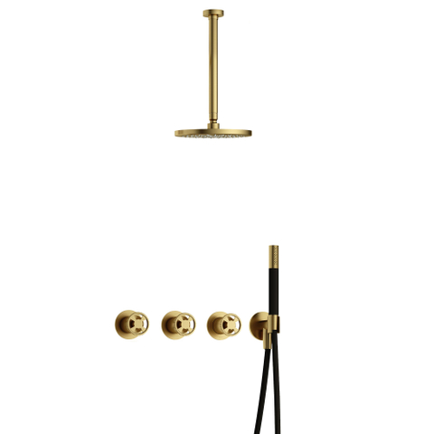 Hotbath Cobber @Work Regendoucheset - inbouw - 30cm plafondarm - 20cm ronde hoofddouche - staafhanddouche - Geborsteld messing PVD SW677719