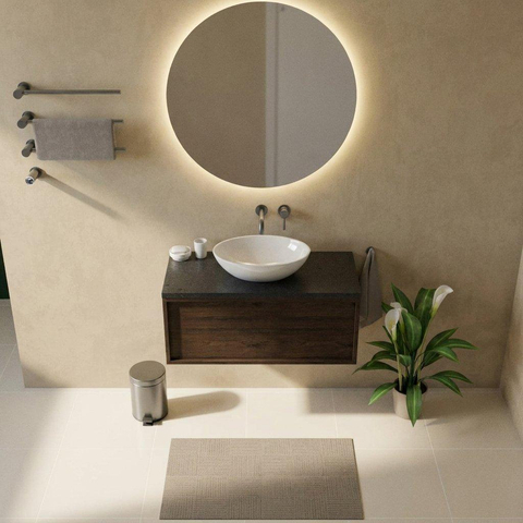 Saniclass Holz Frame Ensemble meuble de salle de bains - 100x45x43cm - plan vasque en basalte Noche poli (noir) - sans trou de robinetterie - 1 tiroir - chêne charcoal mat (bois) SW1478554