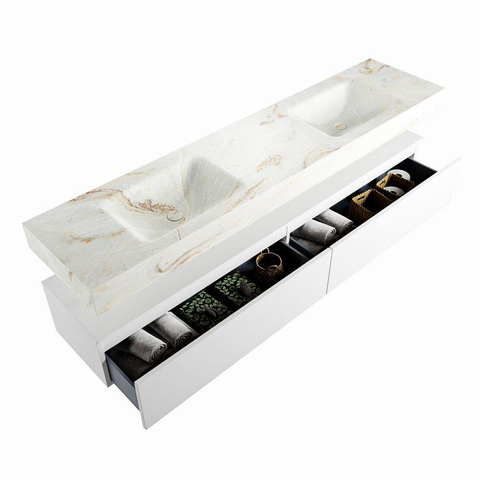 Mondiaz ALAN-DLUX Ensemble de meuble - 200cm - meuble Talc mat - 2 tiroirs - Lavabo Cloud Frappe suspendu - vasque Gauche et droite - 2 trous de robinet SW805415