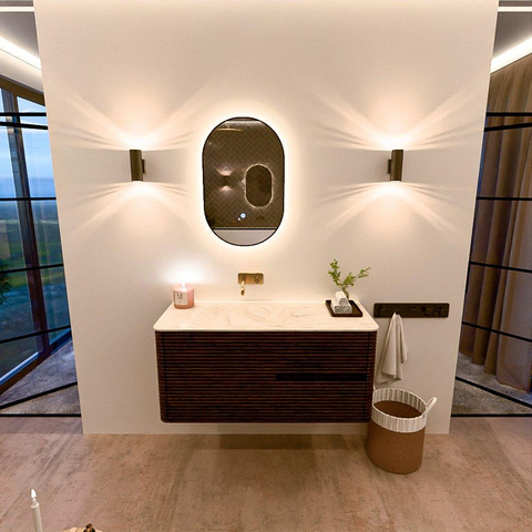 Mondiaz CIRO-DLUX Meuble de salle de bains - 110x45x50cm - vasque solid surface Ostra - 1 bassin à gauche - sans trous de robinet - 2 tiroirs - Noyer SW1530385