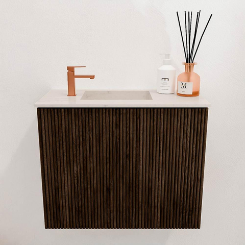 Mondiaz JOYA-DLUX 50cm toiletmeubel - kleur Walnut - Wastafel FAYE positie Links 1 kraangat kleur Meli. SW1424402