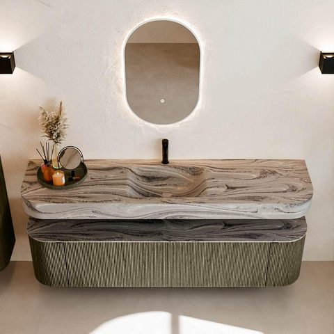 MONDIAZ THOR-DLUX 180cm meuble de salle de bains arrondi gauche + droite couleur Shadow avec 2 tiroirs et 2 portes. Vasque suspendue CLOUD Milieu 1 trou de robinet couleur Sombra. SW1466333