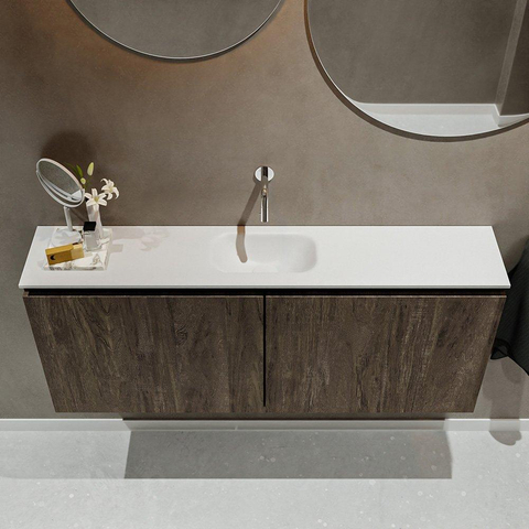 MONDIAZ TURE Toiletmeubel 120x23x50cm met 0 kraangaten 2 deuren dark brown mat Wastafel Eden midden Solid Surface Wit SW475200