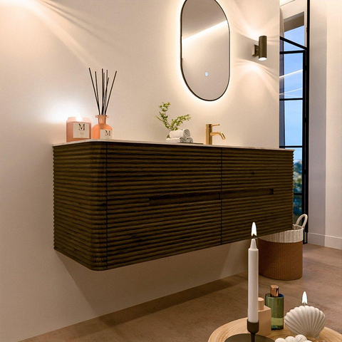 Mondiaz CIRO-DLUX Ensemble de meubles de salle de bains - 140x45x50cm - Plan vasque solid surface Ostra - 1 lavabo à droite - 1 trou de robinet - 4 tiroirs - Shadow SW1532468