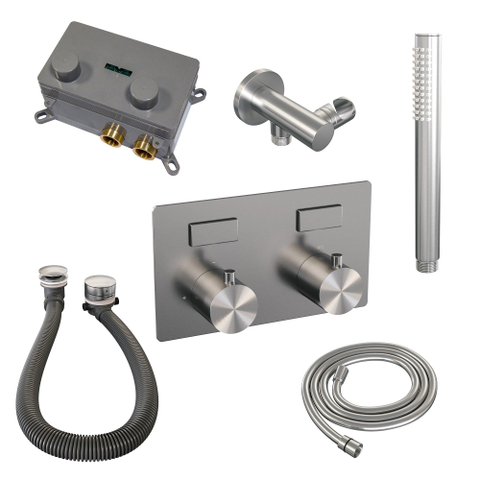 BRAUER Brushed Edition mitigeur de bain encastré thermostatique - boutons-poussoirs SET 03 - combinaison de remplissage de baignoire - douchette à main barre - flexible de douche - coude de raccordement mural - inox brossé PVD SW925472