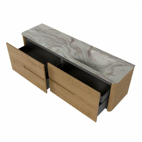 Mondiaz CIRO-DLUX Meuble de salle de bains - 170x45x50cm - Plan vasque solid surface Glace - 1 bassin à droite - 1 trou de robinet - 4 tiroirs - Chêne SW1533782
