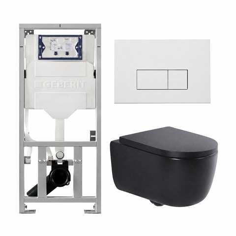 QeramiQ Dely Swirl Ensemble WC - 36.3x51.7cm - Réservoir encastré Geberit UP320 - Abattant de 35mm d'épaisseur - Plaque de commande en métal blanc mat - Boutons rectangulaires - Noir mat SW1138607
