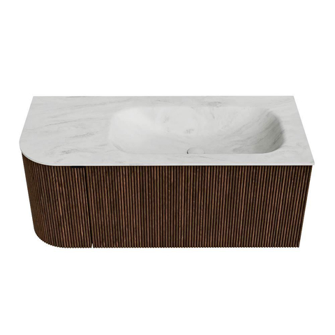 MONDIAZ KURVE-DLUX 105cm badmeubel met module 25 L kleur Walnut met 1 lade en 1 deur. Wastafel BIG SMALL rechts zonder kraangat kleur Opalo. SW1137641
