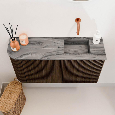Mondiaz JOYA-DLUX Meuble de salle de bains - 81,6cm - arrondi gauche couleur Walnut - Vasque FAYE position droite sans trou de robinet couleur Sombra SW1424791