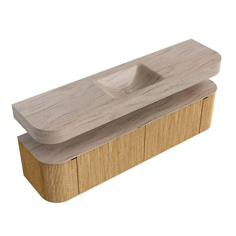 MONDIAZ THOR-DLUX 180cm meuble de salle de bains arrondi gauche + droite couleur Oak avec 2 tiroirs et 2 portes. Vasque suspendue CLOUD Milieu sans trou de robinet couleur Saba. SW1466319
