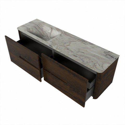 Mondiaz CIRO-DLUX Badkamermeubelset - 160x45x50cm - Solid surface wastafel Glace - 1 wasbak Links - 1 kraangat - 4 lades - Walnut SW1530141