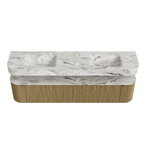 MONDIAZ THOR-DLUX 200cm meuble de salle de bains arrondi gauche + droite couleur Dusk avec 2 tiroirs et 2 portes. Vasque suspendue CLOUD Double 2 trous de robinet couleur Glace. SW1466839