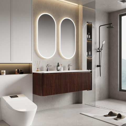 Royal Plaza Terra Edge Ensemble meuble de salle de bains - 140x44.7x46cm - vasque en solid surface blanc mat - 2 vasques - 2 trous de robinet - 2 tiroirs - châtaignier (noyer) SW1471921
