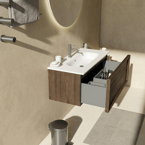 Saniclass Holz Frame Ensemble meuble de salle de bains - 100x45x53.9cm - Vasque en céramique Chaci blanche - 1 vasque - 1 trou de robinet - 1 tiroir - chêne charcoal mat (bois) SW1478816