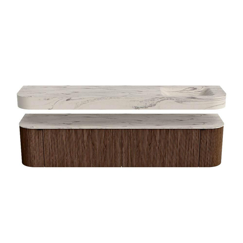 MONDIAZ THOR-DLUX 200cm meuble de salle de bains arrondi gauche + droite couleur Walnut avec 2 tiroirs et 2 portes. Vasque suspendue CLOUD droite sans trou de robinet couleur Nata. SW1467156