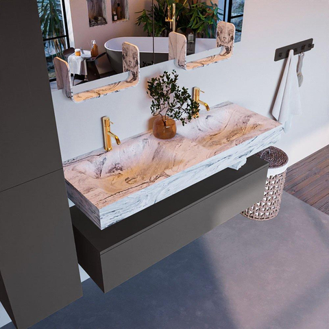 Mondiaz ALAN-DLUX Ensemble de meuble - 130cm - meuble Dark grey mat - 1 tiroir - Lavabo Cloud Glace suspendu - vasque Gauche et droite - 2 trous de robinet SW805469
