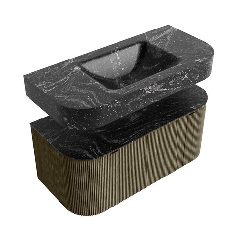 MONDIAZ THOR-DLUX 100cm meuble de salle de bains arrondi gauche + droite couleur Shadow avec 1 tiroir et 2 portes. Vasque suspendue CLOUD Milieu 1 trou de robinet couleur Lava. SW1467583