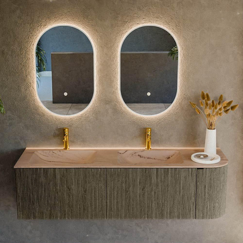 MONDIAZ KURVE-DLUX 155cm badmeubel ronding Rechts kleur Shadow met 2 lades en 1 deur. Wastafel LEAF Dubbel / Links 2 kraangaten Arena. SW1431318