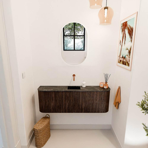 Mondiaz JOYA-DLUX 123.2cm meuble de salle de bains sous-meuble WC - arrondis gauche et droite couleur Noyer - Vasque FAYE position Milieu Sans trou de robinet couleur Lava SW1422536