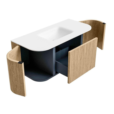MONDIAZ KURVE Meuble de salle de bains 100 cm avec module 25 Len R couleur Chêne avec 1 tiroir et 2 portes. Lavabo GRUNNE central sans trou de robinet Talc. SW1137369