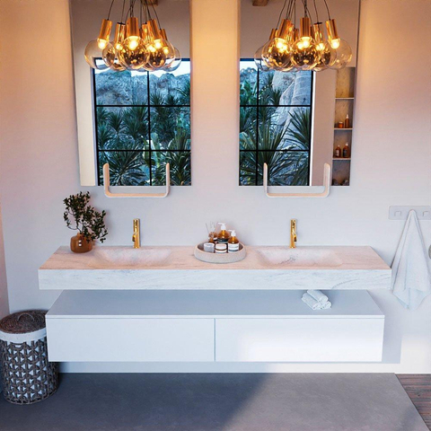 Mondiaz ALAN-DLUX Ensemble de meuble - 200cm - meuble Talc mat - 2 tiroirs - Lavabo Cloud Opalo suspendu - vasque Gauche et droite - 2 trous de robinet SW806498