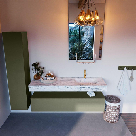 Mondiaz ALAN-DLUX Ensemble de meuble - 150cm - meuble Army mat - 1 tiroir - Lavabo Cloud Glace suspendu - vasque Droite - 1 trou de robinet SW805806