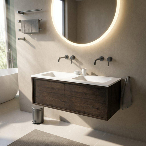 Saniclass Holz Frame Ensemble meuble de salle de bains - 120x45x57.5cm - vasque Torino en solid surface blanc - sans trou de robinetterie - 1 tiroir - chêne charcoal mat (bois) SW1478671