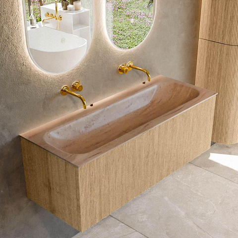 MONDIAZ KURVE-DLUX 120cm badmeubel kleur Oak met 1 lade en 0 deuren. Wastafel BIG LARGE Midden zonder kraangat Saba. SW1433083