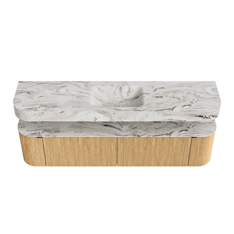 MONDIAZ THOR-DLUX Meuble de salle de bains - 190cm - arrondi gauche + droite - couleur Oak - 2 tiroirs et 2 portes - Vasque suspendue CLOUD Milieu sans trou de robinet - couleur Glace SW1466353