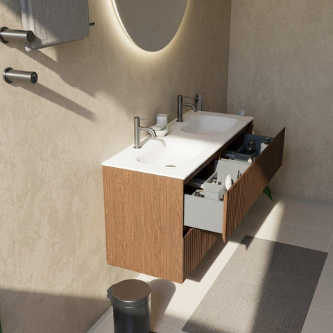Saniclass Holz Atelier Ensemble meuble de salle de bains - 120x45x61.5cm - Flow lavabo en solid surface blanc - 2 vasques - 2 trous de robinet - 2 tiroirs - walnut pure mat (bois) SW1478420