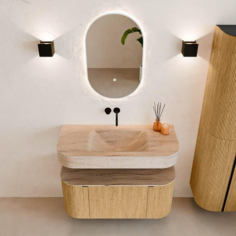 MONDIAZ THOR-DLUX 100cm badmeubel ronding links + rechts kleur Oak met 1 lade en 2 deuren. Vrijhangende wastafel CLOUD Midden zonder kraangat kleur Saba. SW1467550
