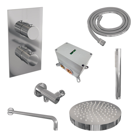 BRAUER Stripe Thermostatische Inbouw Regendouche - 3-weg - rechthoekig - SET 14 - 25cm douchekop - gebogen muurarm - staaf handdouche - doucheslang - wandaansluitbocht - chroom SW1434751